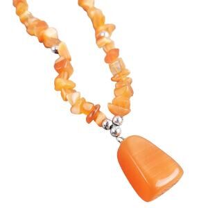 Genuine Semi Precious Necklace Orange Cat Eye Bead Adult's 10" Silver Tone Clip